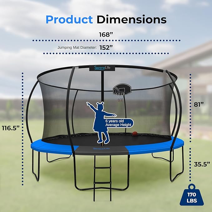 SereneLife 8FT 10FT 12FT 14FT Outdoor Trampoline for Kids - Recreational Backyard Trampoline with Curved Safety Poles, Net Enclosure, Ladder & Basketball Hoop - ASTM Approval for Kids Adults