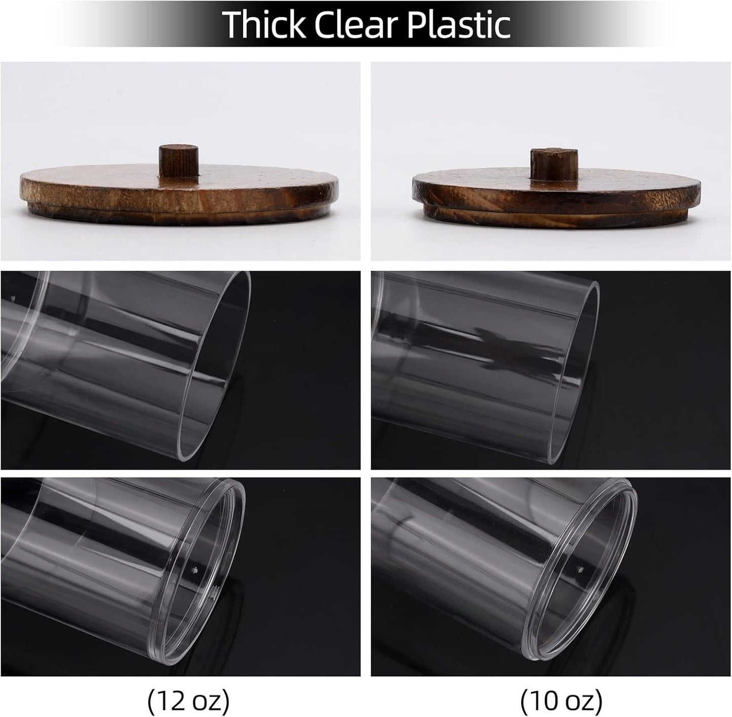 Tbestmax Qtip Holder Dispenser - 4 Pack Clear Plastic Apothecary Jars with Brown Wood Lids | 12oz & 10oz