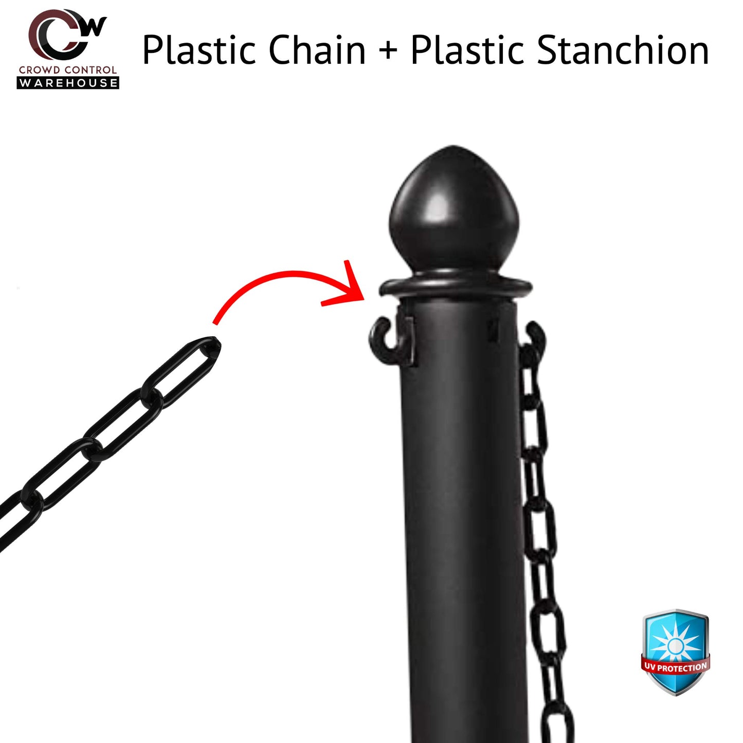 Montour Line Plastic Stanchion Yellow 2.5 Inch Diameter with 50 Foot Chain, 6-Pack, Crowd Control Barriers