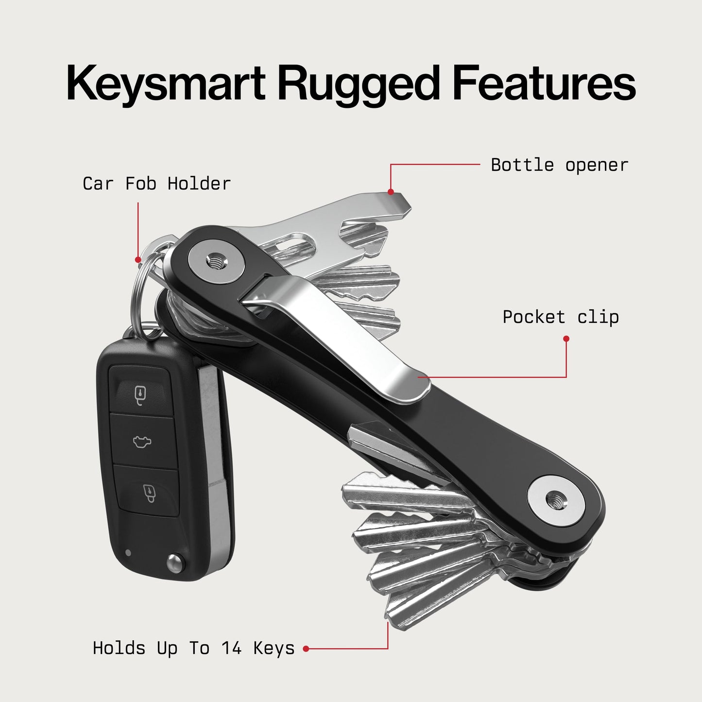 KeySmart Rugged - Multitool Key Holder for Keychain w/Bottle Opener and Pocket Clip, Organizer for Keys, EDC Keychains, Ring for Car Fobs Key Chains, Expandable (Up to 14 Keys, Black)