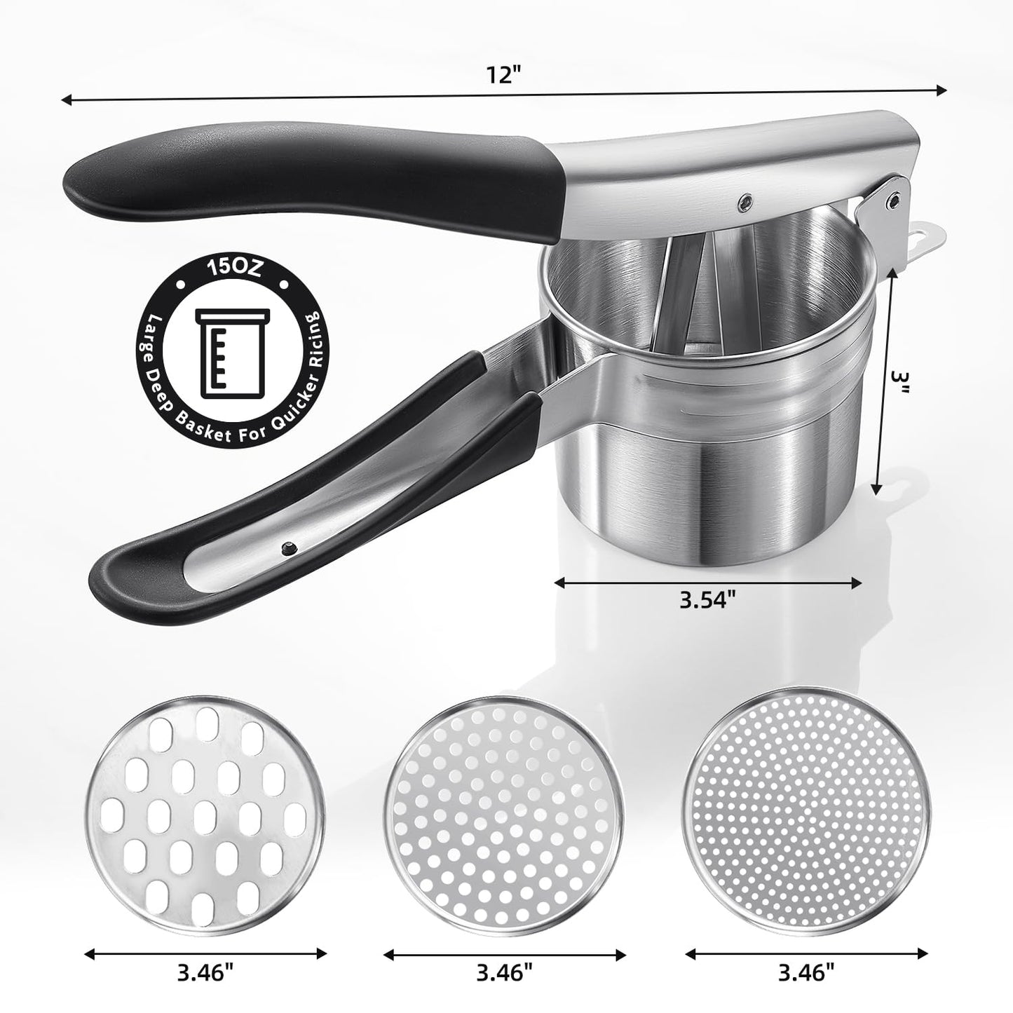Potato Ricer, Sopito Stainless Steel Potato Masher with 2 Interchangeable Cups for Mashed Potatoes, Heavy Duty Kitchen Gadget for Home Use