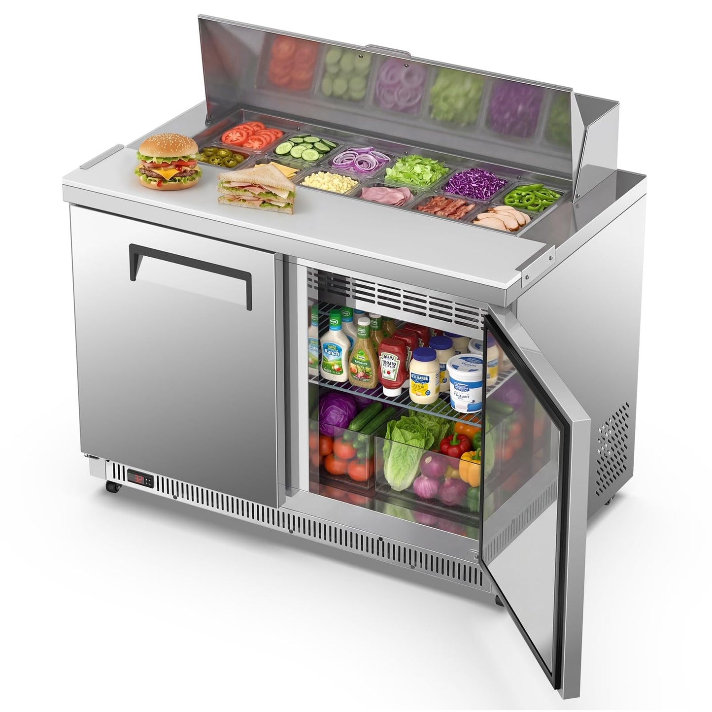 Velieta Commercial Refrigerator 48 inch, 12.7 cu.ft 2 Door Salad Prep Table, Stainless Steel with 12 Pans, Cutting Board & Casters, Sandwich Prep Fridge for Restaurant, Food Truck, Catering