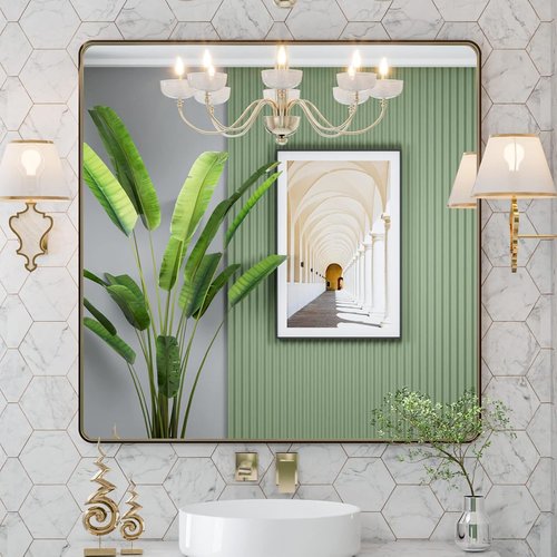 LOAAO 36”X36” Bronze Bathroom Mirror - Rounded Rectangle Design with Anti-Rust Frame | Versatile Hanging Options