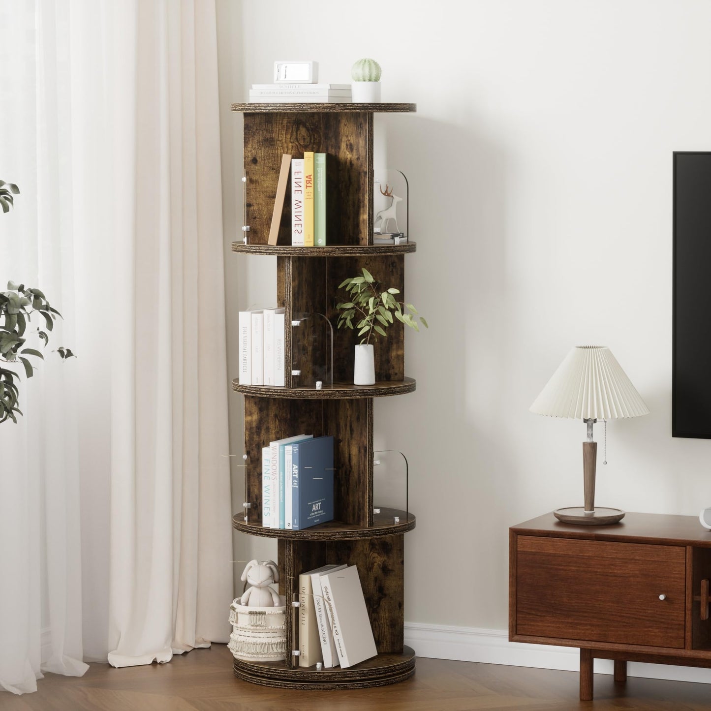 VECELO Rotating Bookshelf Tower, 360°Revolving Bookcase, Round Book Shelf Rotating, Stackable Storage Display Rack Floor Standing, Corner Bookshelf for Home Office, Deep Brown