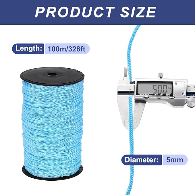 MECCANIXITY 3/16 Inch Polypropylene Rope Braided Ropes, 328ft Nylon Rope Hollow Utility Cord for Clothesline, Camping, Hiking, Outdoor, Sky Blue