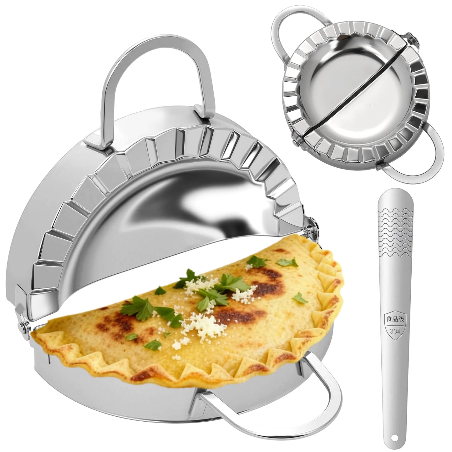 Empanada Maker Press, 6 Inch and 3.7 Inch Stainless Steel Tortilla Crimper Sealer with 1 Wonton Wrappers Tool, 2-in-1 Dough Cutter & Mold for Empanadas, Dumplings, Ravioli, Pierogi, Hand Pies