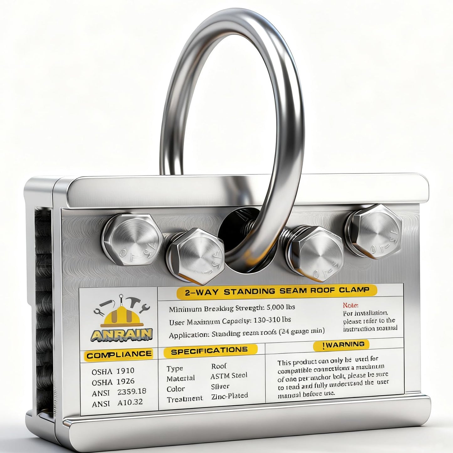 Fall Protection Roof Anchor, 2-Way Standing Seam Clamp | Non-Penetrating Design | 5000lbs Capacity | Galvanized Steel | for Metal Roof & Ladder Safety