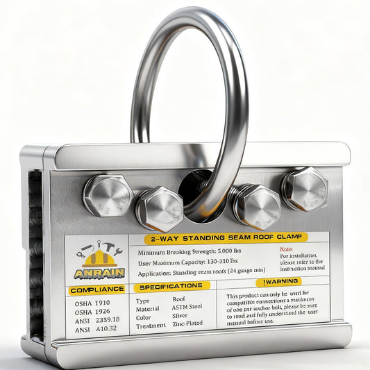 Fall Protection Roof Anchor, 2-Way Standing Seam Clamp | Non-Penetrating Design | 5000lbs Capacity | Galvanized Steel | for Metal Roof & Ladder Safety