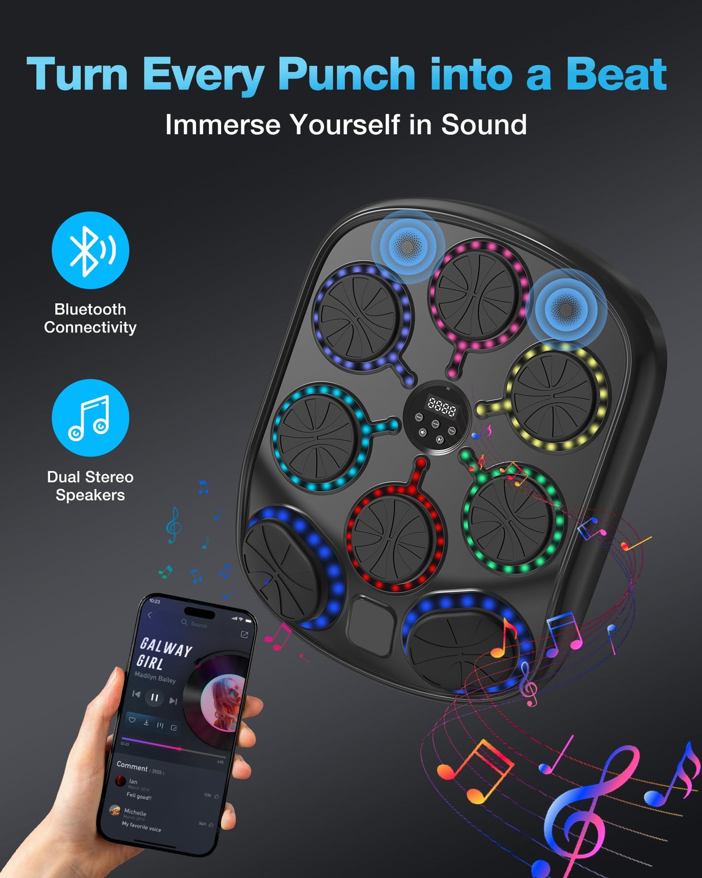 Turquvix Music Boxing Machine for Adults and Kids, Smart Bluetooth Wall Mounted Punching Target with LED Feedback & Boxing Gloves, Home Gym Electronic Punching Bag for Indoor Workouts