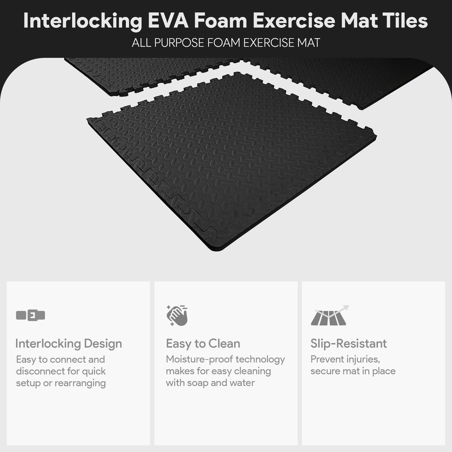 BalanceFrom Puzzle Exercise Mat 3/4" Thick, EVA Interlocking Foam Floor Tiles for Home Gym, Mat for Home Workout Equipment, Floor Padding for Kids, Black, 24 in x 24 in x 3/4 in, 96 Sq Ft - 24 Tiles