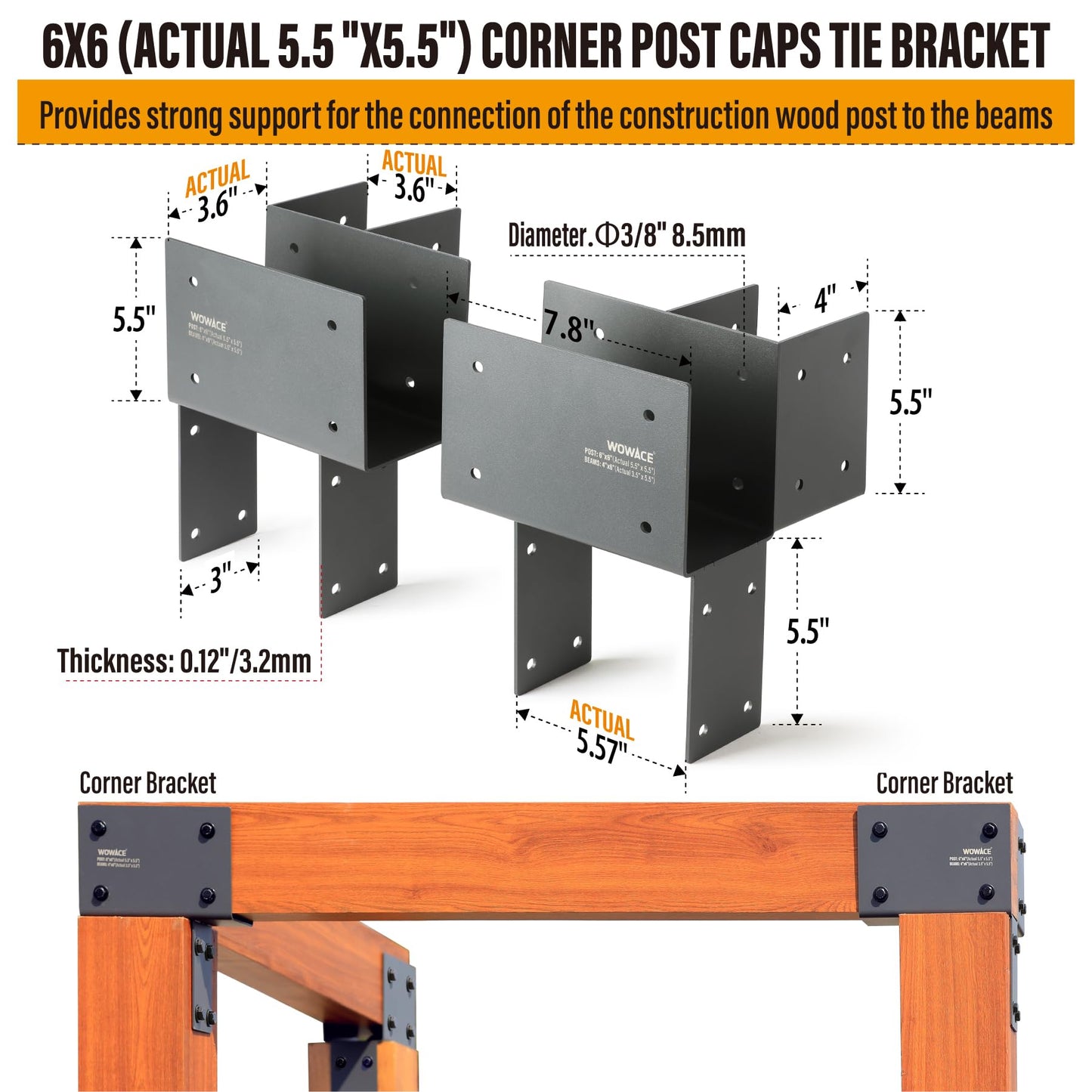 WOWACE 4 Pack 4x6 (Actual 3.5"x5.5") Heavy Duty Stainless Steel Pergola Brackets - Corner Post to Beam Connector for Gazebos, Patio Decks, Porches - Wood Post Cap Tie Bracket (Dark Gray)