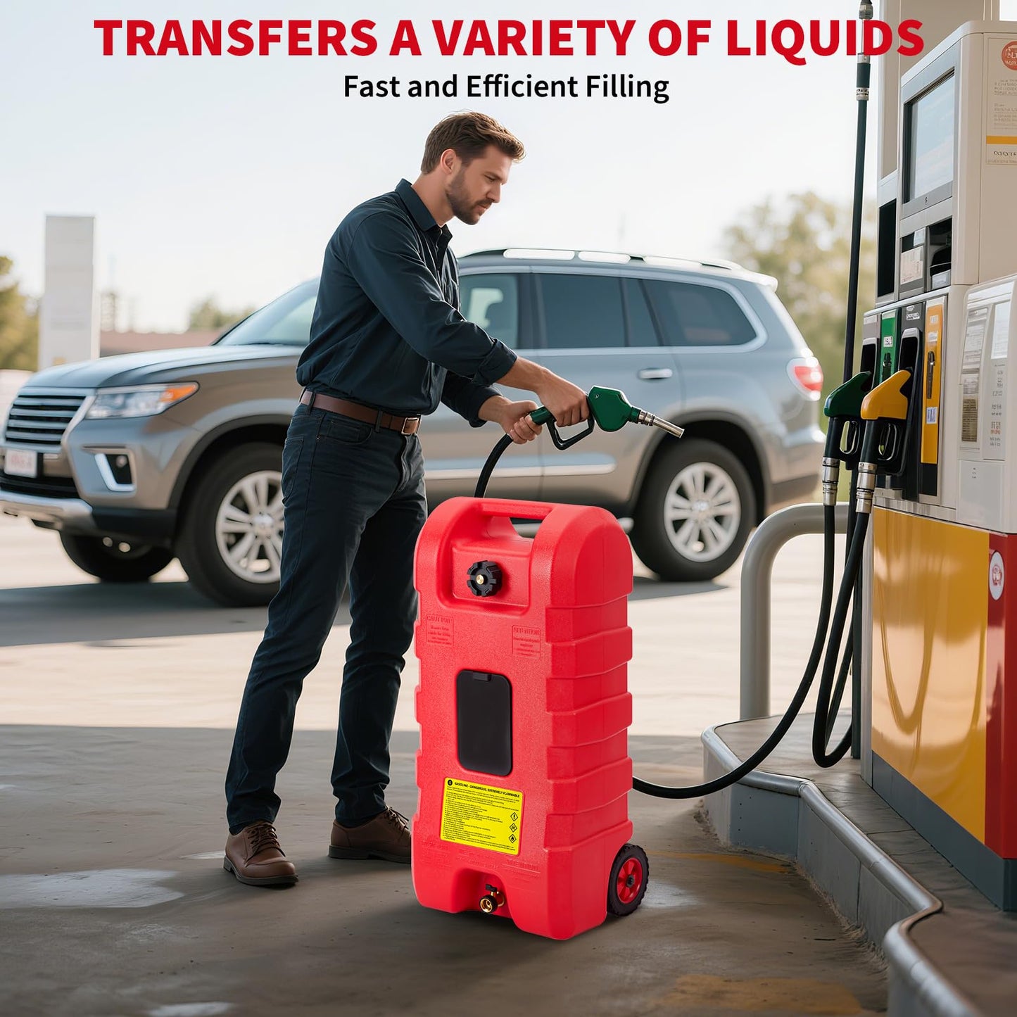 GarveeTech 15 gal Gas Can with Manual Transfer Pump & 10 ft Hose, Portable Fuel Tank with Wheels & Carry Handle, Leak-Proof Heavy Duty Gas Caddy for Cars, Boats, Lawn Mowers, Red