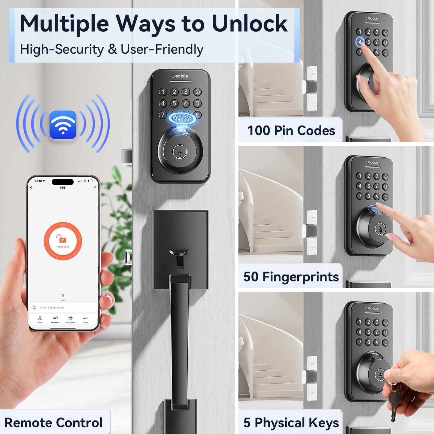 Ulecoce Fingerprint Keypad Deadbolt with Handle Set, Keyless Entry Door Lock, Door Locks for Front Door Lock Set, App Control, Auto Locking, Easy to Install, Matte Black