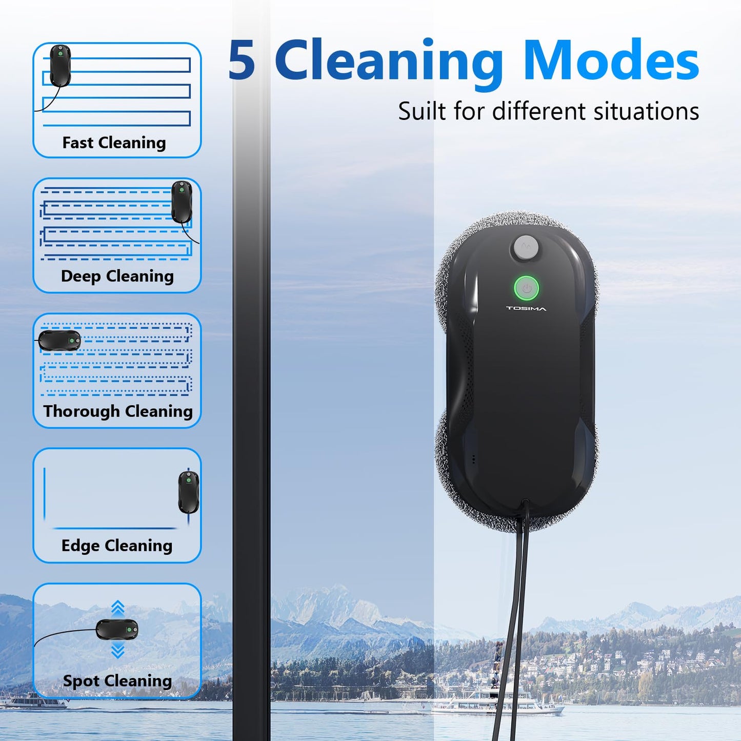 Tosima W5 Window Cleaning Robot, Dual Direction Auto-Spray Smart Window Cleaner with Triple Safety System, Smart Navigation, Remote Control, for All Smooth Surfaces, with 8 Rags, Black Robotic Vacuums