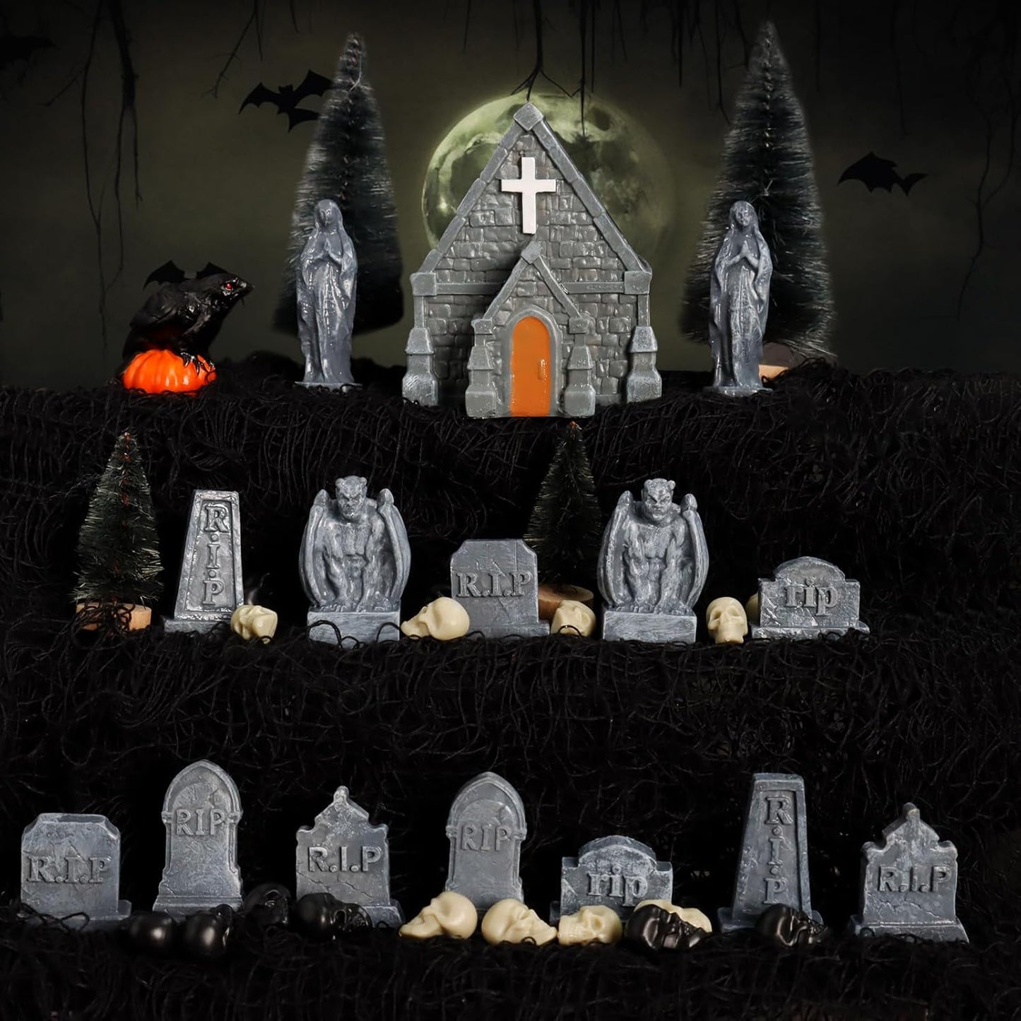 Rileryan Miniature Church Tombstones - 15 PCS Gargoyle & Virgin Figurines for Halloween Decor