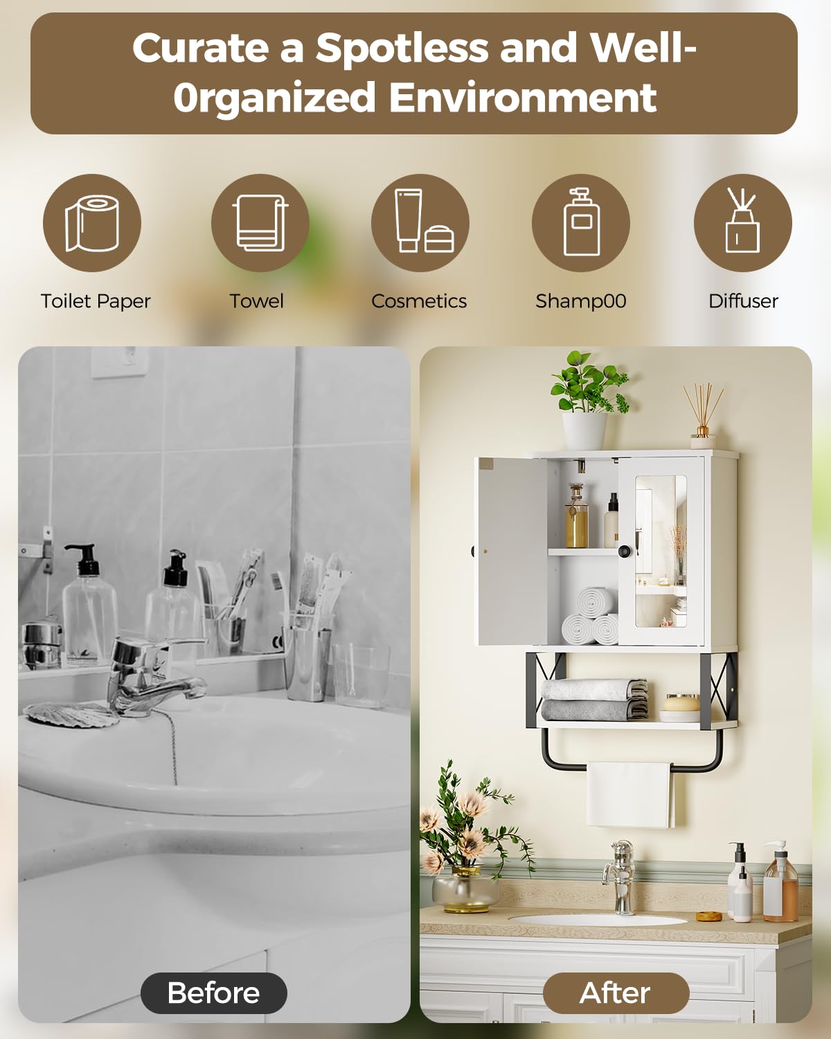 BEWISHOME Bathroom Wall Cabinet with Mirror, Wall Mounted Medicine Cabinet Over The Toilet with Towel Bar and Adjustable Shelf, 7.1" D x 15.4" W x 24.4" H, White YYG10W