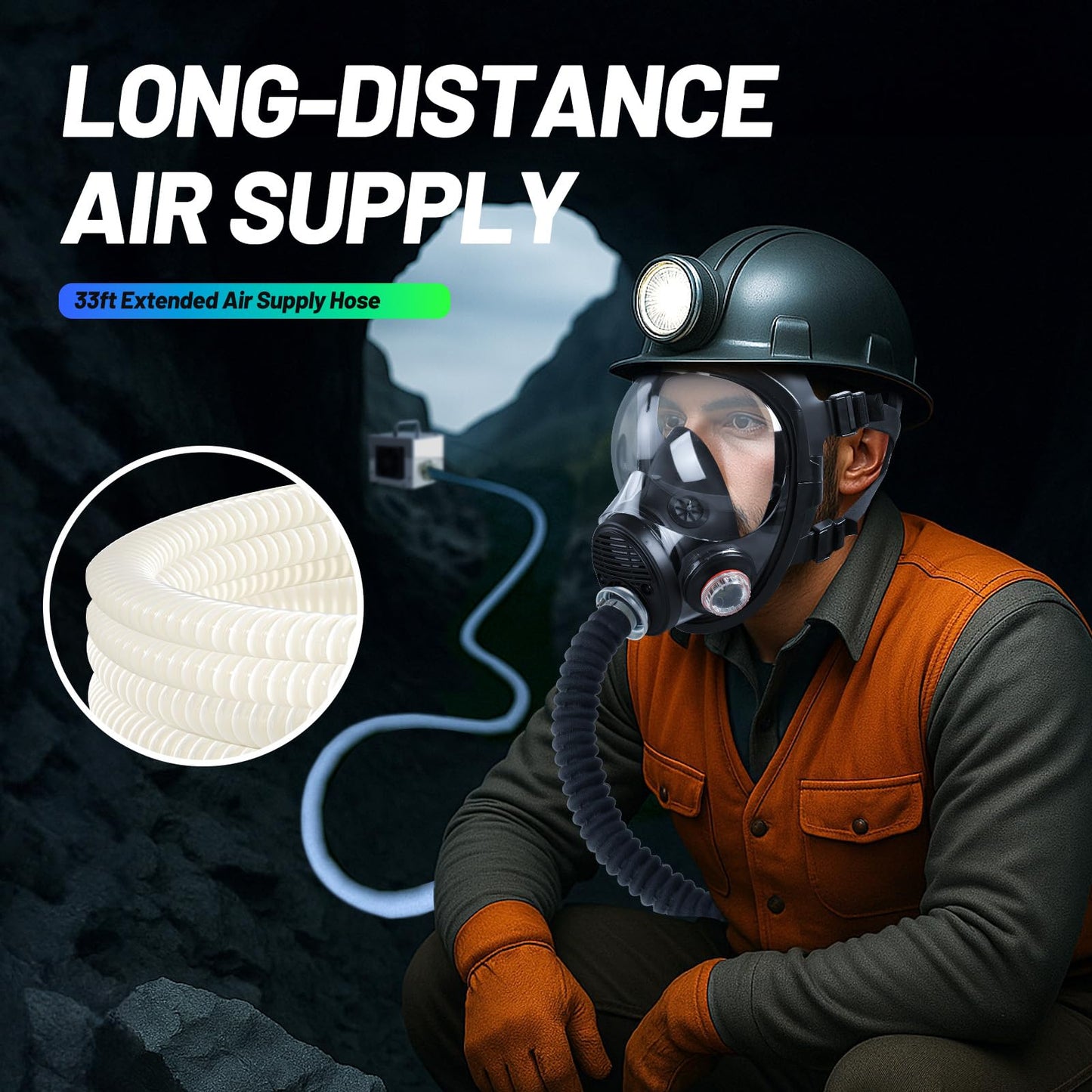 HANUU Portable PAPR Respirator System - High-Efficiency Powered Air Purifying Respirators with 33ft Long Hose - Large Airflow Supplied Air Respirator for Tunnel Construction Industrial