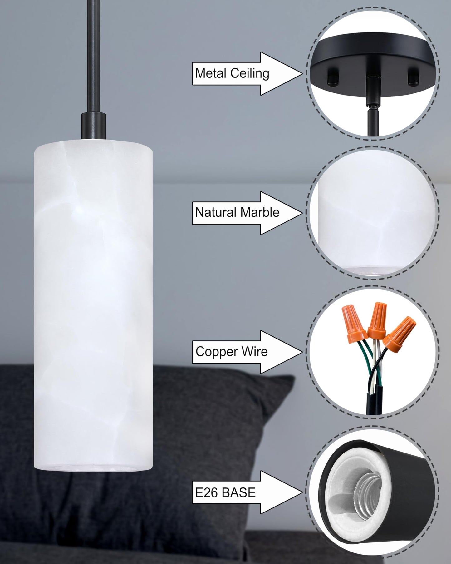 Tonabona 3 Pack 1 Light Hanging Natural Polyhedral Alabaster Marble Pendant Ceiling Light Fixture,Modern Industrial Farmhouse Kitchen Island Light Black Finish Over Sink Restaurant bar Corridor