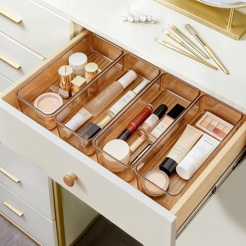 Hudgan Clear Plastic Drawer Organizers - Stackable Deep Organizers for Makeup & Desk | 8 Pack, 2 Sizes