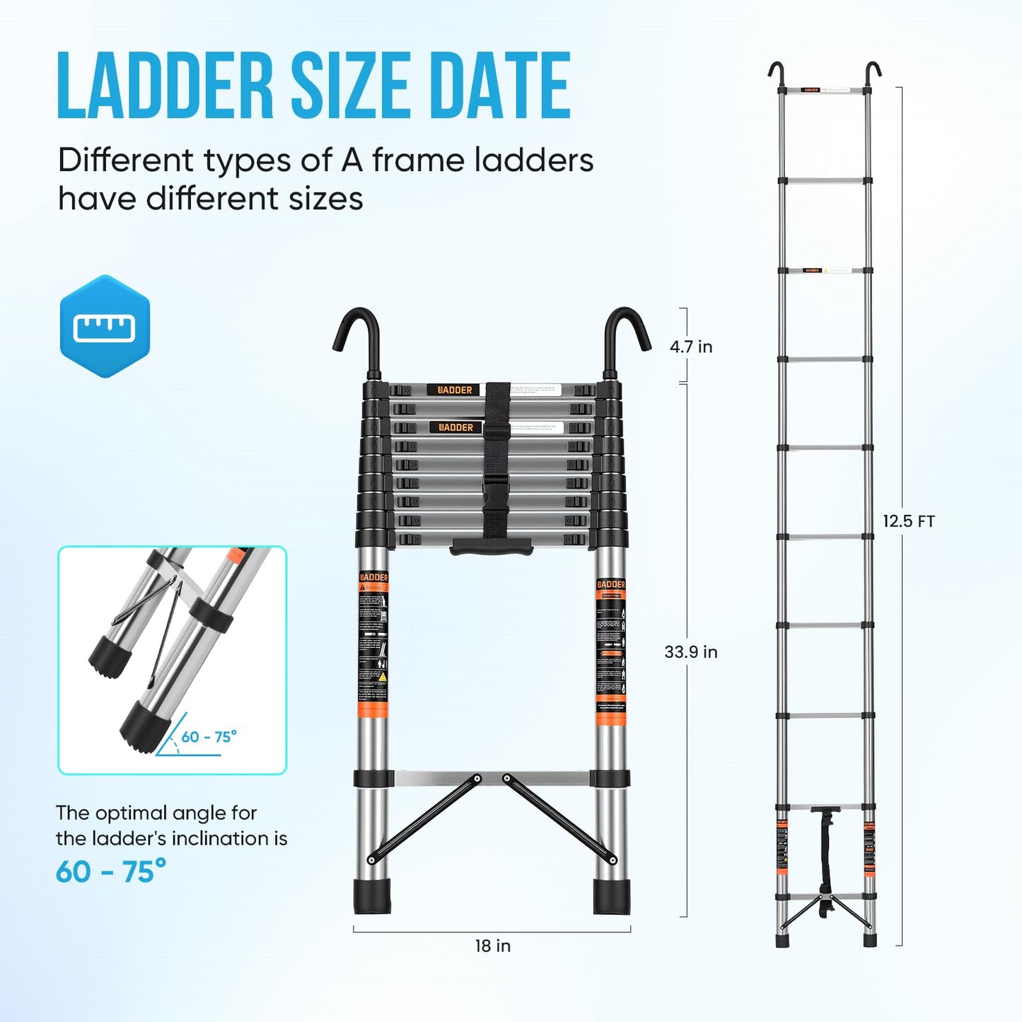 Telescoping Ladder, 16.5 FT Extension Ladder w/Hooks, Heavy Duty 330lbs Max Capacity, Telescopic Ladder with Hooks for RV or Outdoor Work