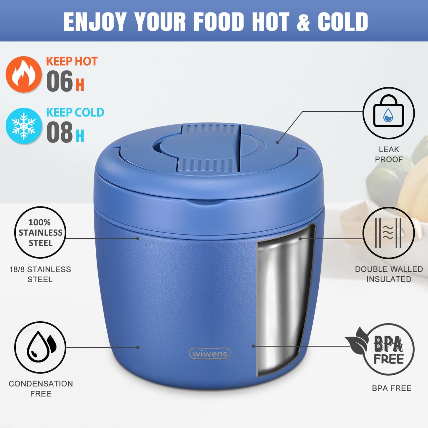 wiwens Thermo Food Jar for Hot Food Adults 32OZ Soup Thermo Lunch Containers Wide Mouth Vacuum Insulated Stainless Steel Leakproof Bento Box with Spoon (Blue)