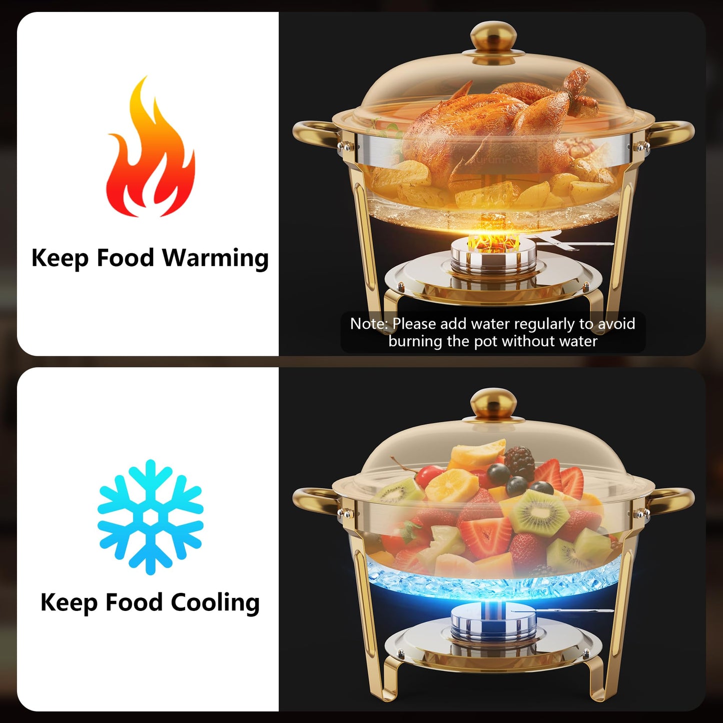 AurumPot Chafing Dishes for Buffet 4 Pack, 6QT Food Warmers for Parties Buffet, Christmas Gatherings [Elegant All-Gold Colors] Stainless Steel Round Chafing Dish Buffet Set,Buffet Servers and Warmers