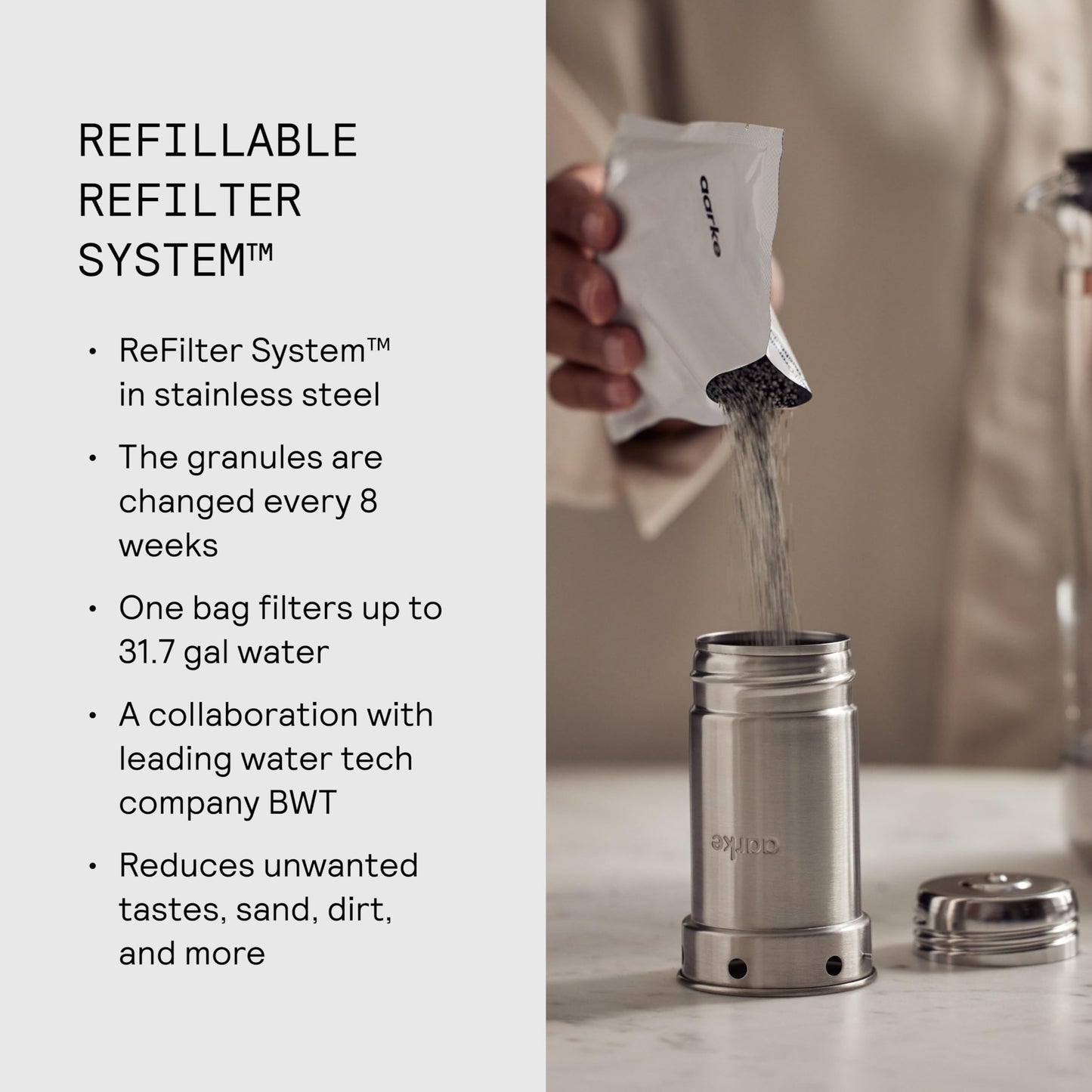 Aarke Purifier - Premium Glass and Stainless Steel Water Filter Pitcher, Refillable Filter System and Granules, 2.8L Pitcher with 1.66L Filtration Capacity