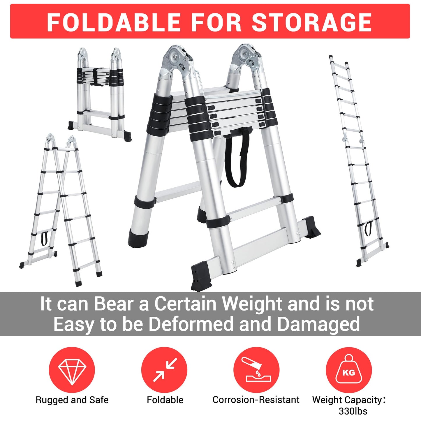 18.5 ft Aluminium Telescoping Ladder, Multi-Use a-Frame Collapsible Ladder with Non-Slip Feet and Stabilizers, Portable & Lightweight, Ideal for Household, Outdoor Working and Garden Use