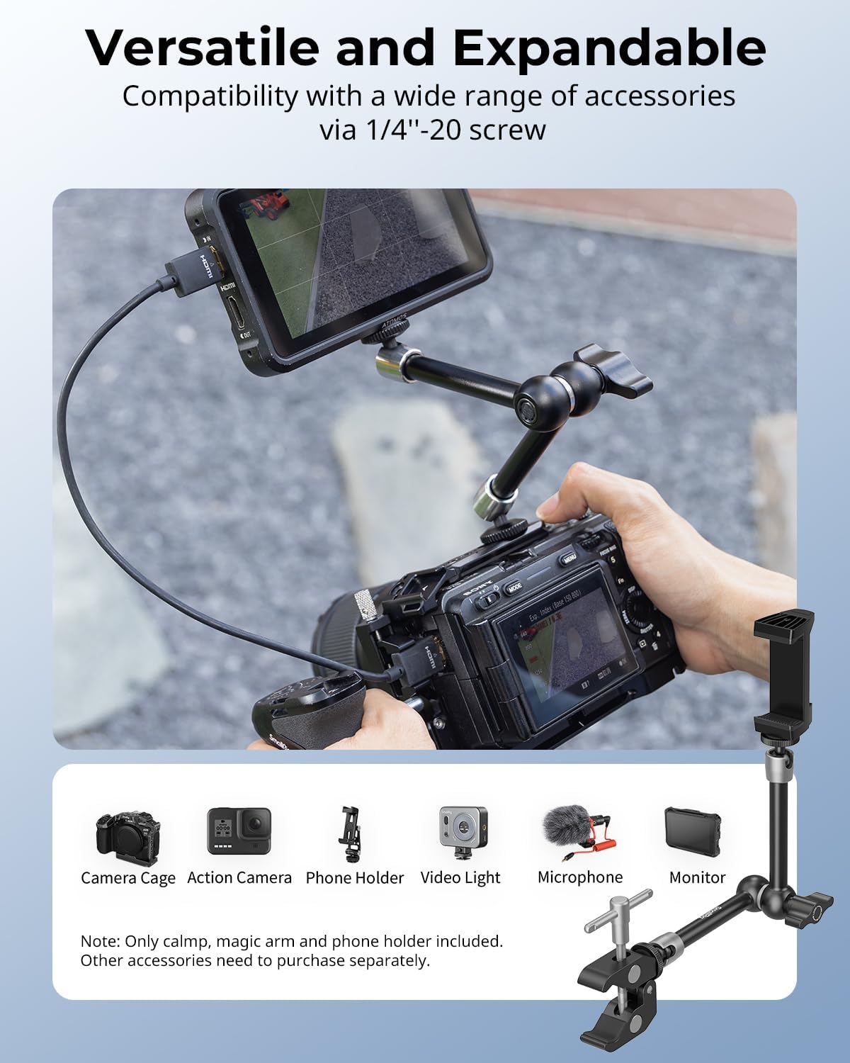 SMALLRIG 1/4" 3/8" 9.8 Inches 5326 Clamp w/ and Thread Holes, Adjustable Friction Power Articulating Magic Arm