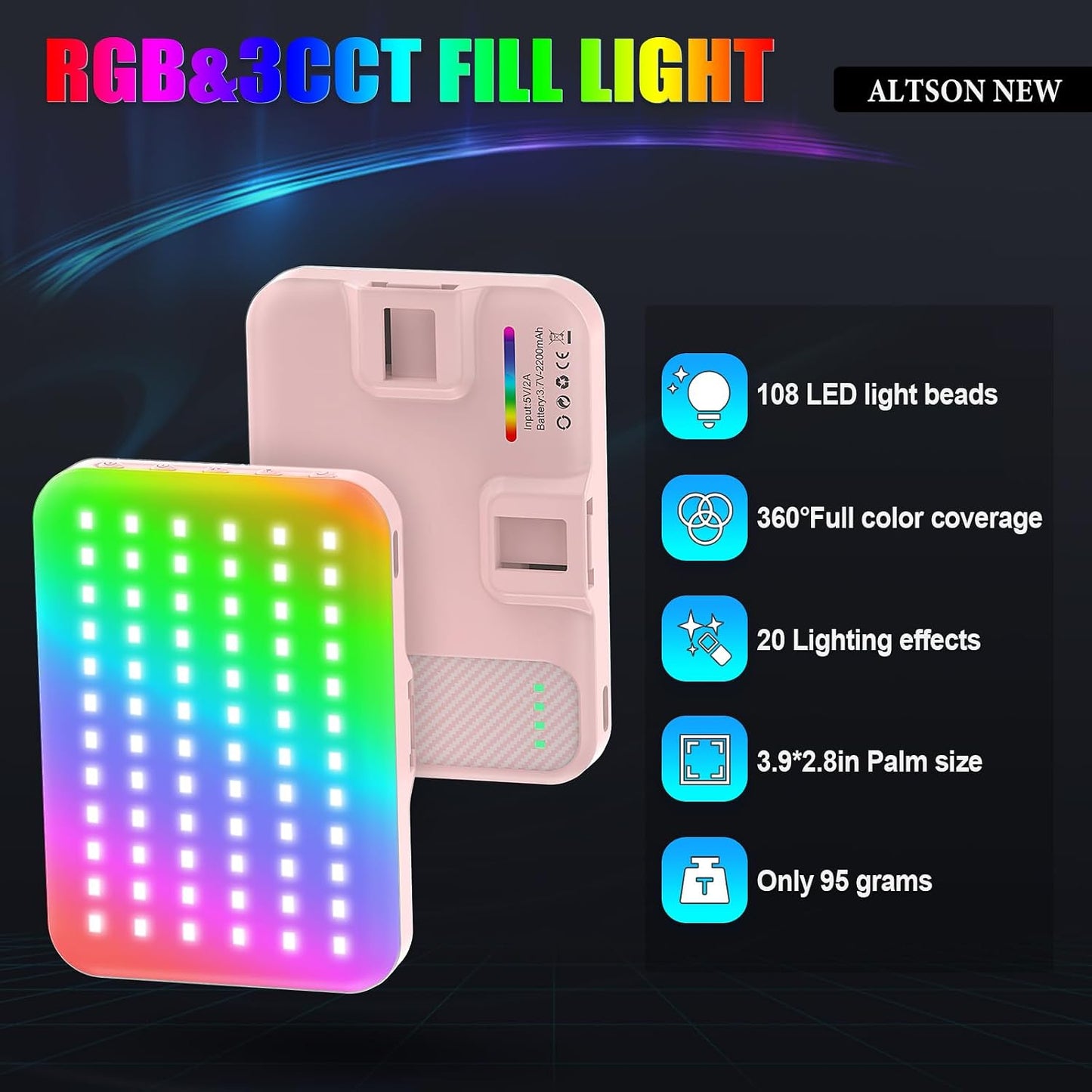 ALTSON 108 2200mAh 3CCT/ 360 Color/20 2500-6500K 97+, RGB Video Light, Camera Light with Full Lighting Effects, LED