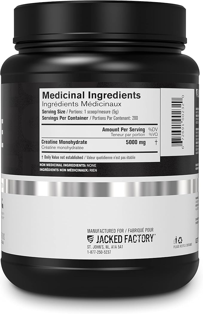 Jacked Factory Creatine Monohydrate Powder 1000g - 5g Daily Creatine Supplement for Men and Women, Vegan-Friendly, Third-Party Tested - 200 Servings, Unflavored