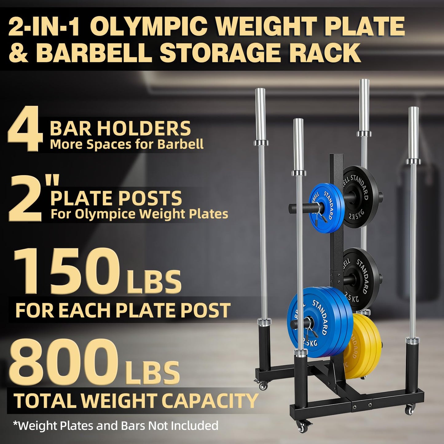 laapee Weight Plate Rack for 2-inch Olympic Bumper Plate and Barbell, Weight Tree with 800 LBS Capacity, Heavy Duty Storage Racks with 4 Barbell Holder & Lockable Wheels for Home Gym Garaage Gym