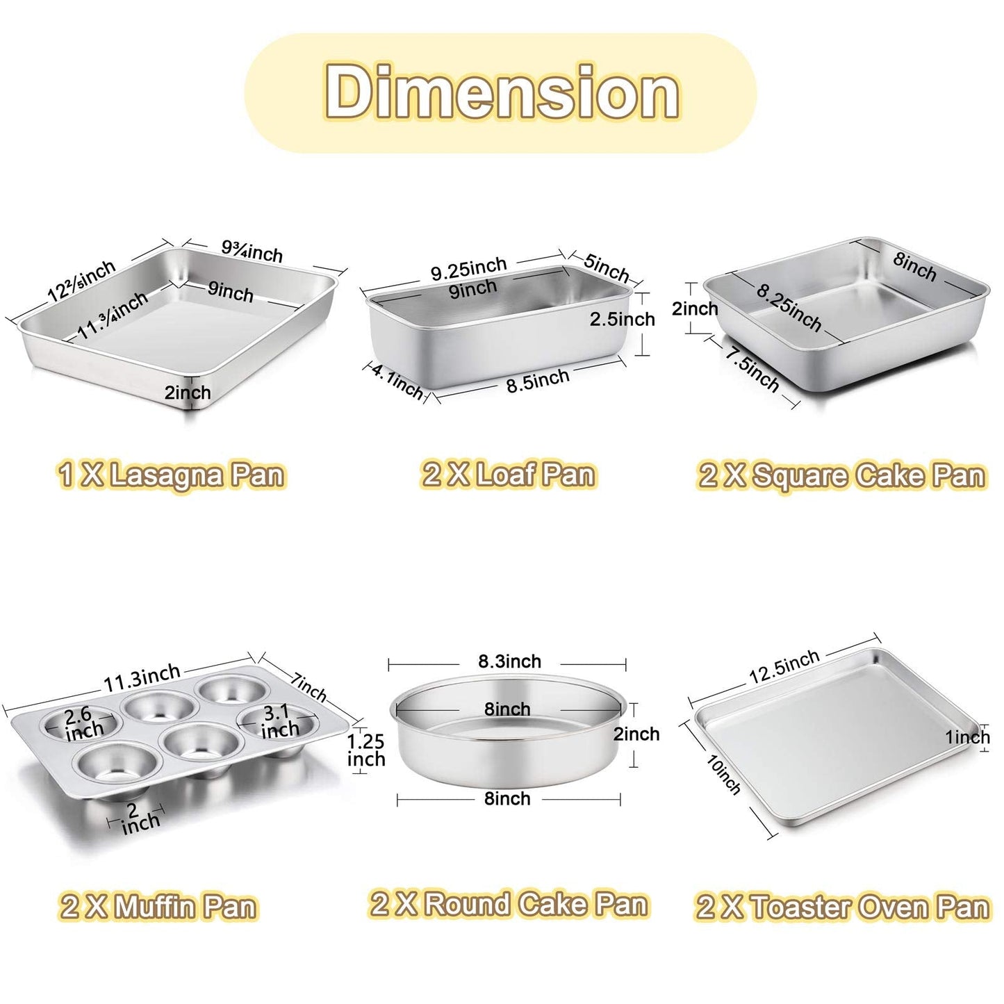 TeamFar Stainless Steel Bakeware Set of 11, Toaster Oven Baking Pan Set, Lasagna Pan, Square & Round Cake Pan, Loaf Pan & Muffin Pan, Healthy & Heavy Duty, Dishwasher Safe & Smooth