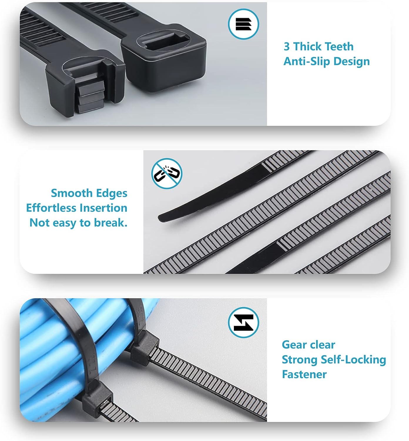 ANOSON Sizes(4+6+8+12), 2000 Pack, Zip Ties Assorted Black Cable Ties, UV Resistant Wire Ties by