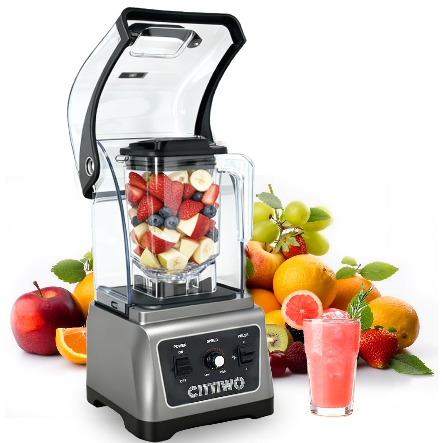 Cittiwo Commercial Blender Heavy Duty Restaurant with 64oz Jar, 2200W Professional-Grade Smoothie Blender, Ice Crush, Frozen Drinks, Quiet Shield, Self-Cleaning