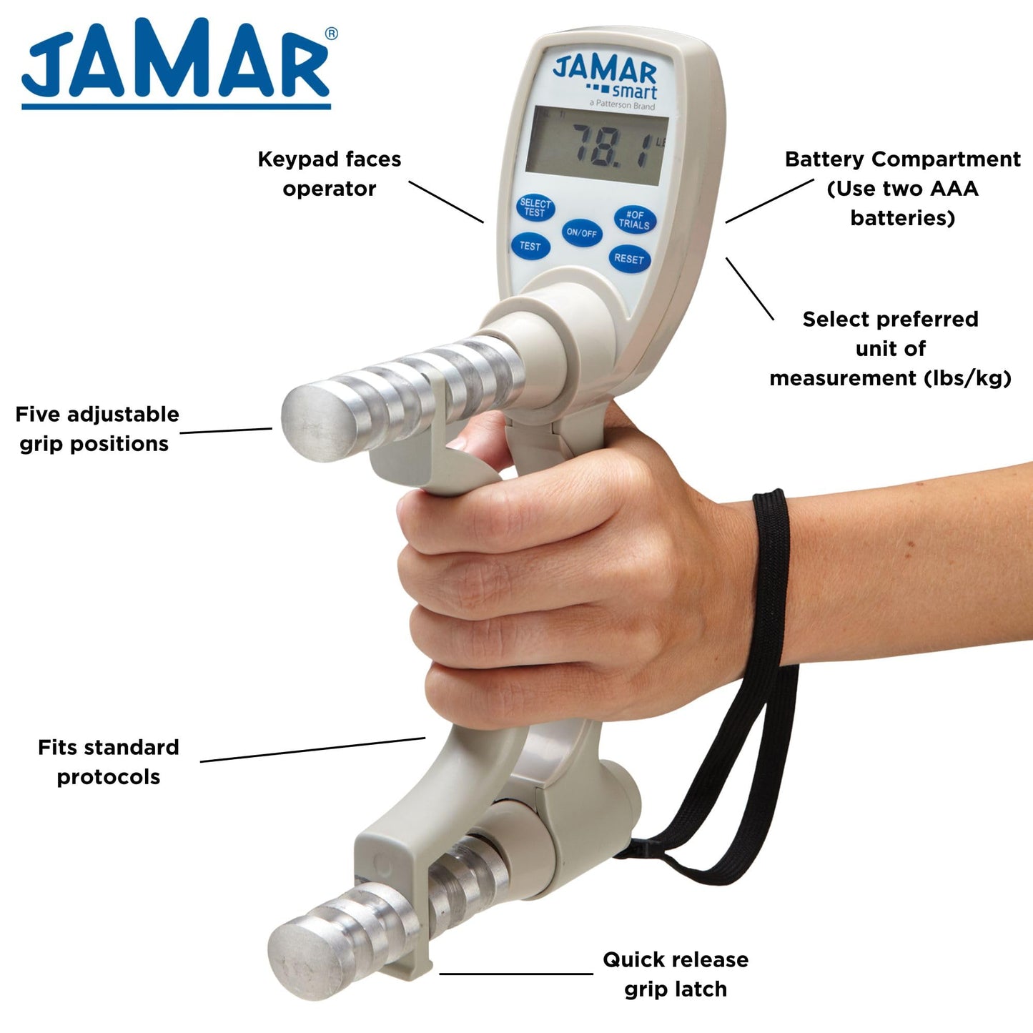 Jamar Smart Hand Dynamometer, Digital Lightweight Max Force Indicator to Measure Hand & Grip Strength, Cordless Device with Wireless Connection to Mobile App, Easy Squeeze Adjustable Evaluation Tool