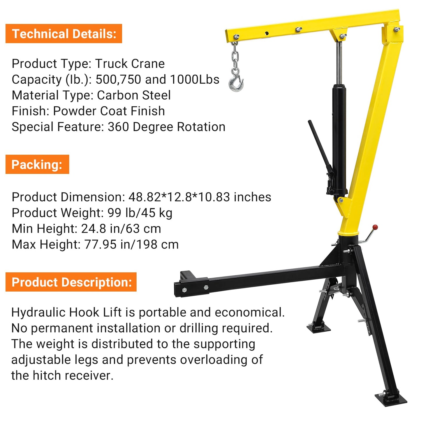 Towallmark Hydraulic Pickup Truck Crane, 1000 lbs Capacity with 3 Boom Capacities of 500 lbs, 750 lbs & 1000 lbs for Lifting Goods in Construction, Industry, Forestry