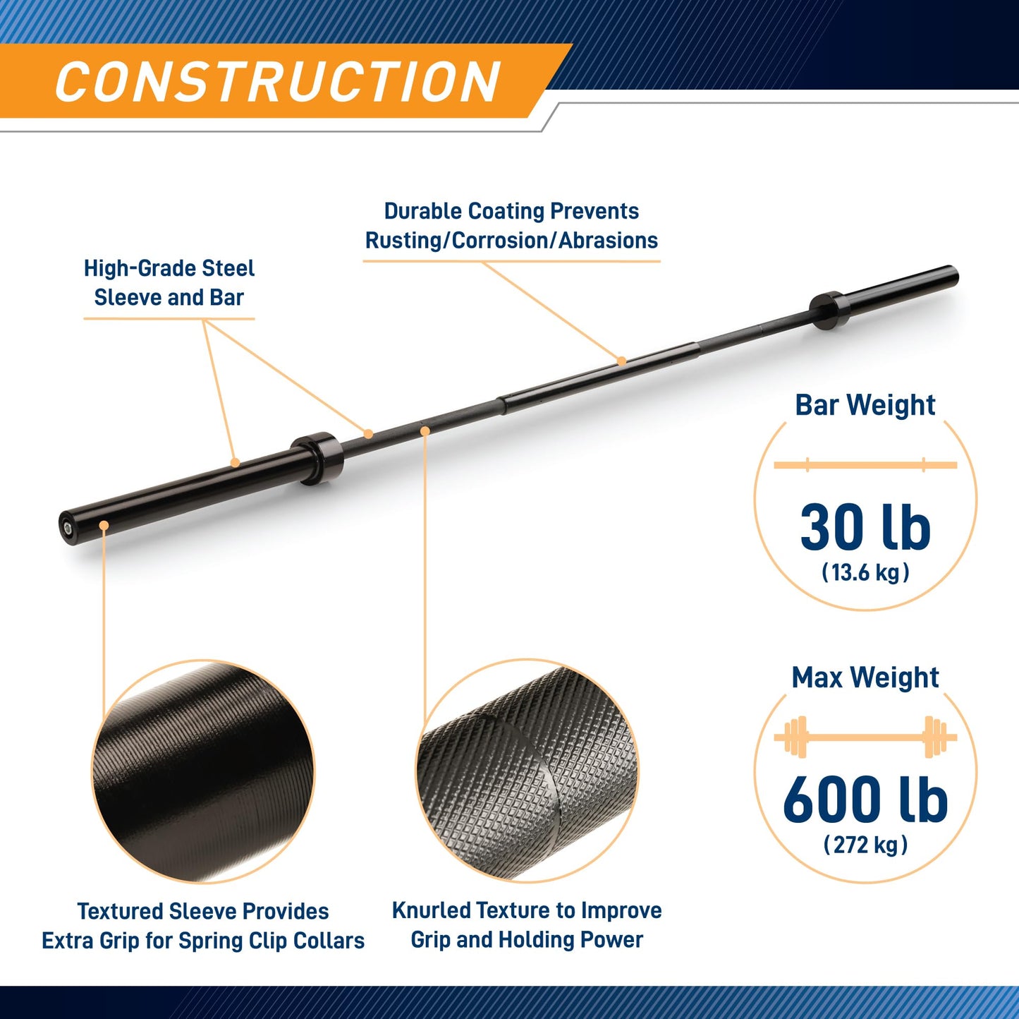 Marcy 7 ft Straight Barbell 30lb Olympic Weightlifting Barbell with 2-inch Diamater for Home Garage Gym Strength Training, Squat, Deadlift for Home GymTRB-84