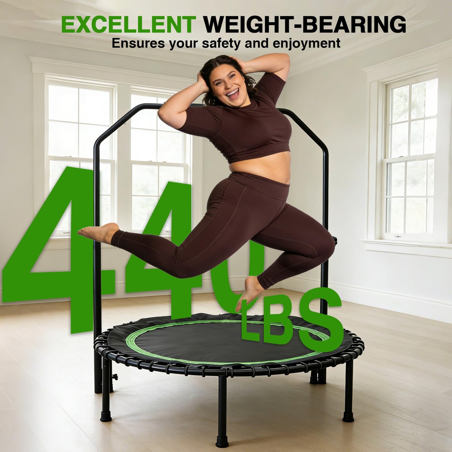 40" Mini Rebounder Trampoline for Adults with Handle, Foldable Mini Trampoline with Bungees, Adjustable Foam Handle, Stable & Quiet, Max Load 440lbs