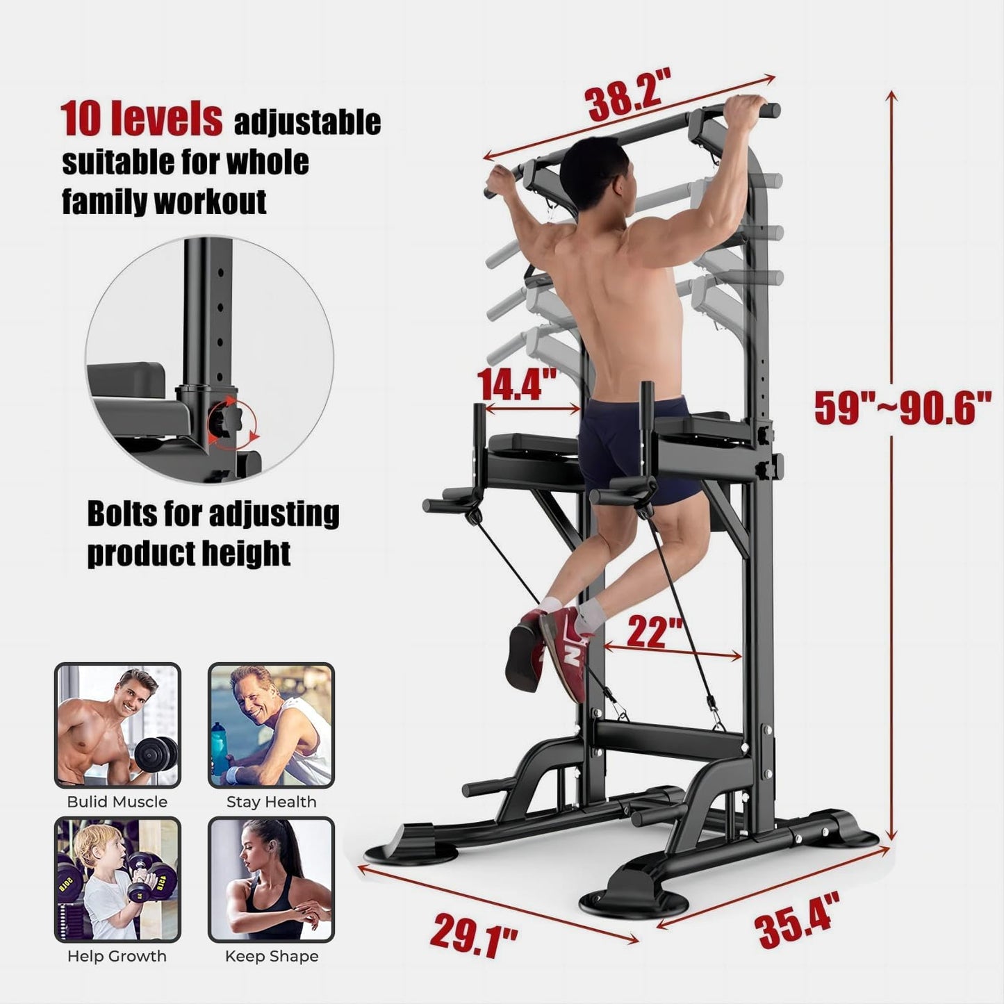 Tappio Power Tower Pull Up Bar for Home Gym, Multi Functional Pull Up Bar Stand Dip Bar Station, Adjustable Height Workout Dip Station Strength Training Fitness Equipment