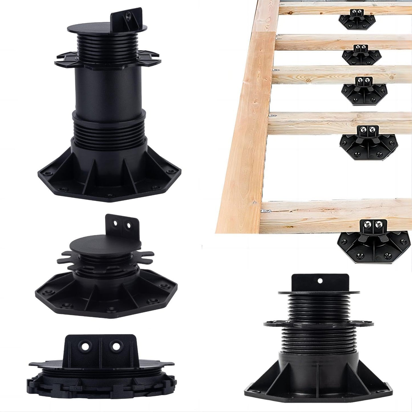 12Pack Adjustable Deck Support Pedestal - Base Support for Floating Deck Platform, Adjusts 1-3/16" to 2-3/8", Black