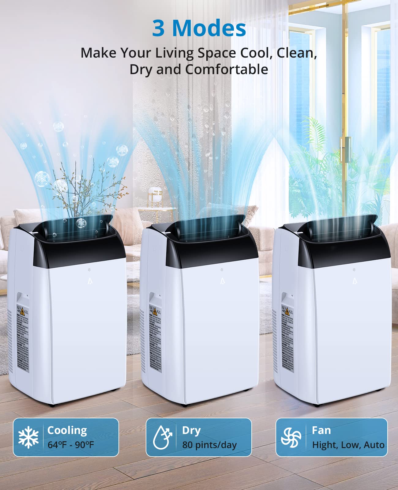 12000 BTU Portable Air Conditioner, Cools up to 550 sq.ft, 3-in-1 AC Unit with Cooling, Dehumidifier & Fan, Quiet Portable AC with Remote Control, 24H Timer, Sleep Mode, Easy Installation, White