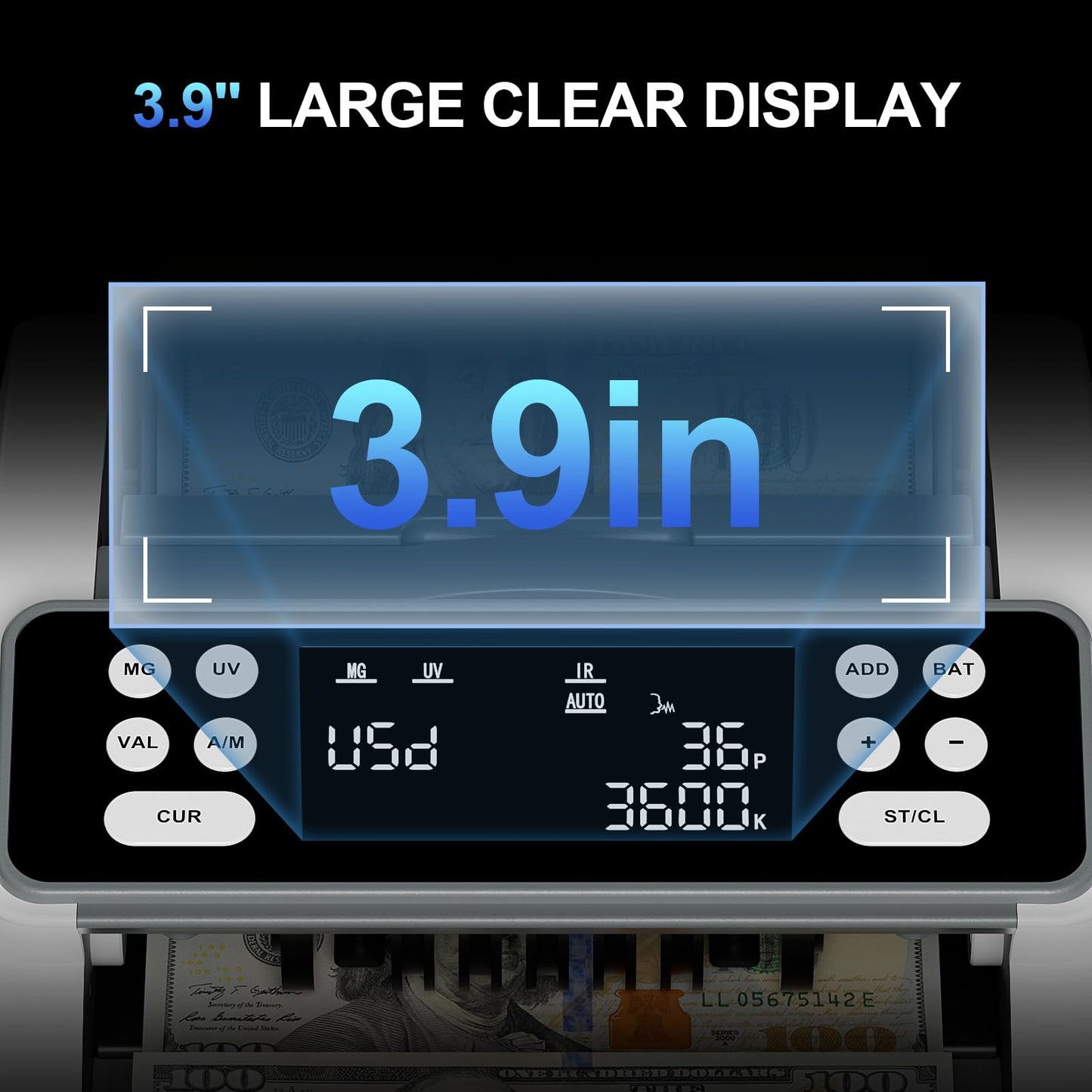 Money Counter Machine with Value Count for USD and EUR, UV MG IR Counterfeit Detection, Count Add Batch Auto Modes, Cash Counter with LED Display, Compact Powerful Design,Gray