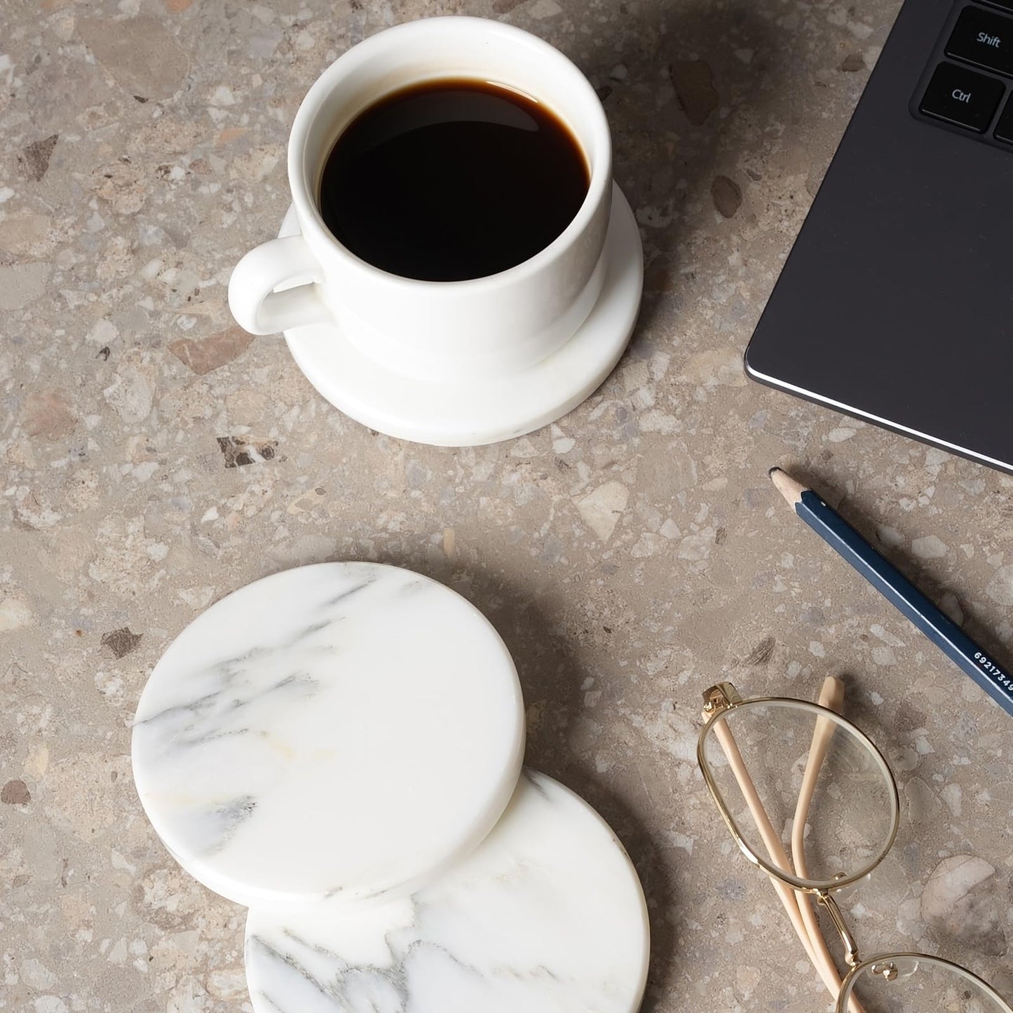 BCS Marble Coasters Set of 5 with Holder, Square Stone Drink Coasters for Coffee, Wine and Cocktails, Non-Slip Durable Cup Mats, Elegant Home, Bar & Kitchen Table Decor (Crema Beige)