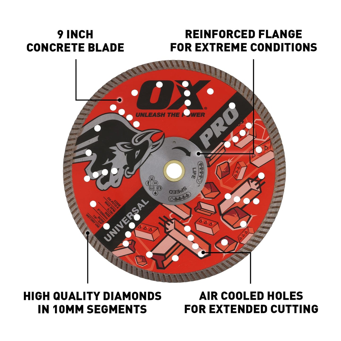 OX Tools 10 inch Universal Dry/Wet Cutting Diamond Blade for Concrete Saw, Cuts Concrete, Granite, Metal, Natural Stone, and Tiles - 7/8 inch - 5/8 inch Bore, Continuous Turbo Segments, OX-PU10-10