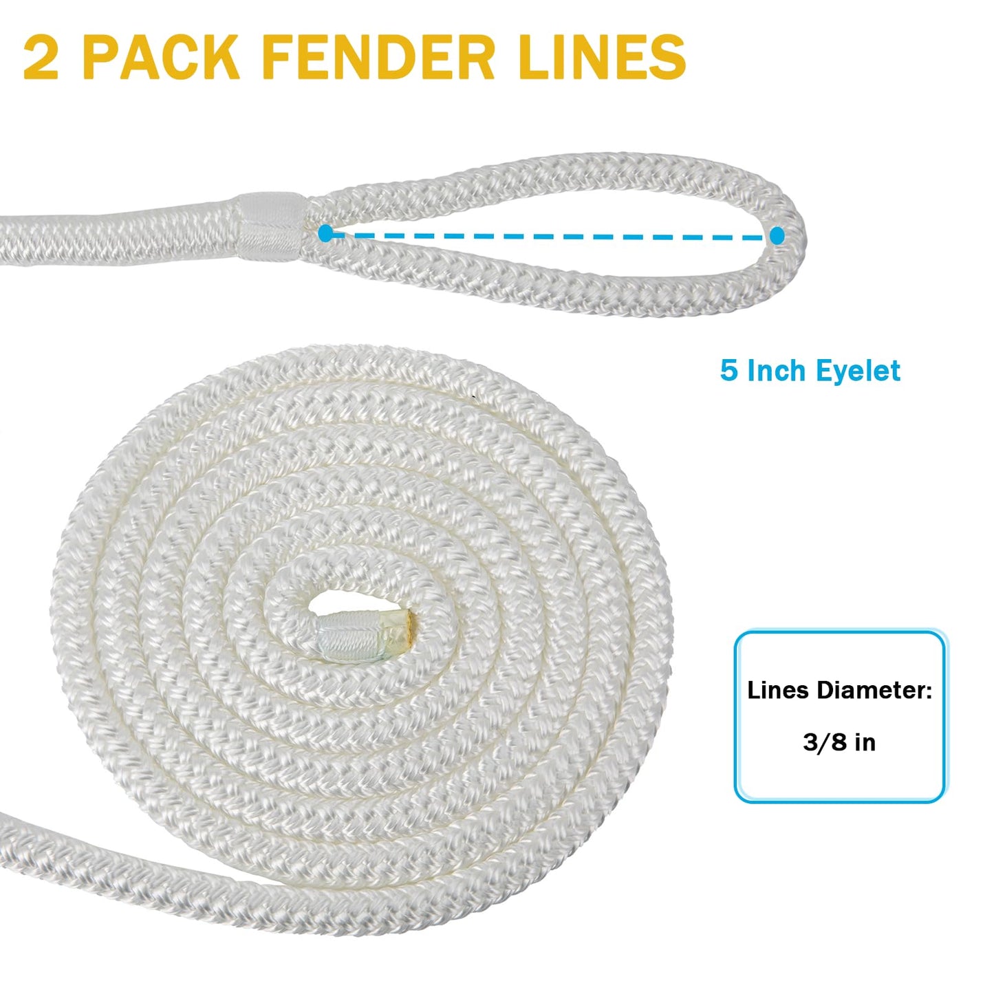 2 Pack 3/8'' x 6' Boat Fender Lines for Mooring, Docking Ties & Small Boat,Premium Marine- Grade Double Braided Nylon Boat Rope with a 5" Eyelet,Anti-Wear & Weather-Resistant-White