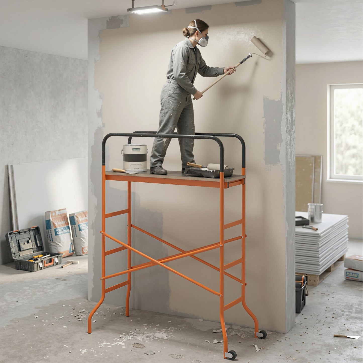 HOMCOM 4-Step Steel 4.6 x 2 x 6 ft. Scaffold 2 Wheels Free Moving for Indoor & Outdoor Decoration Anti-Skid, 440 Pound Capacity, Orange
