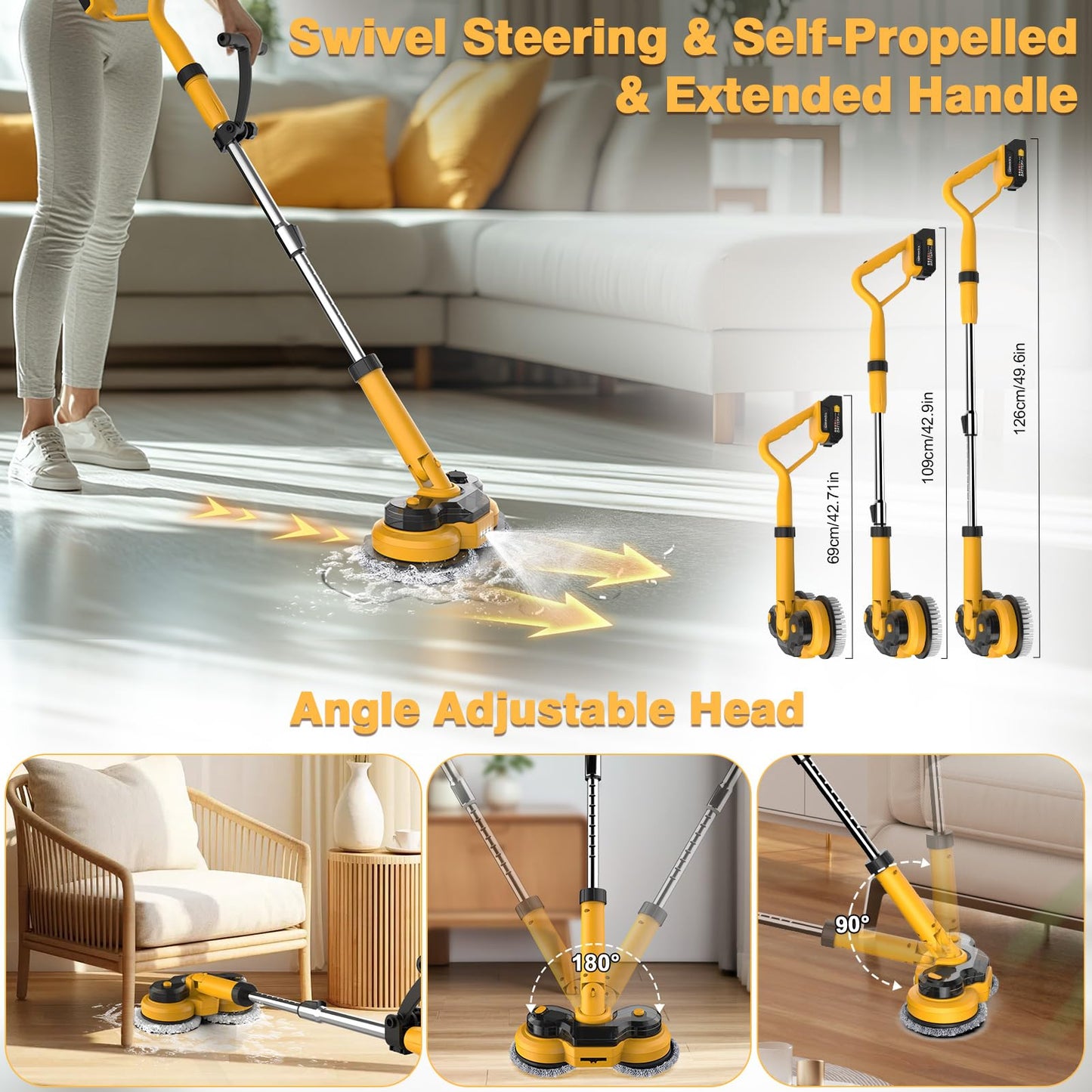 Cordless Electric Mop for Dewalt 20V Battery (NO Battery), 2 in 1 Spin Mop & Floor Scrubber Machine with LED Light & Water Spray, 800 RPM Electric Mops for Floor Cleaning, Hardwood,Tile (White)