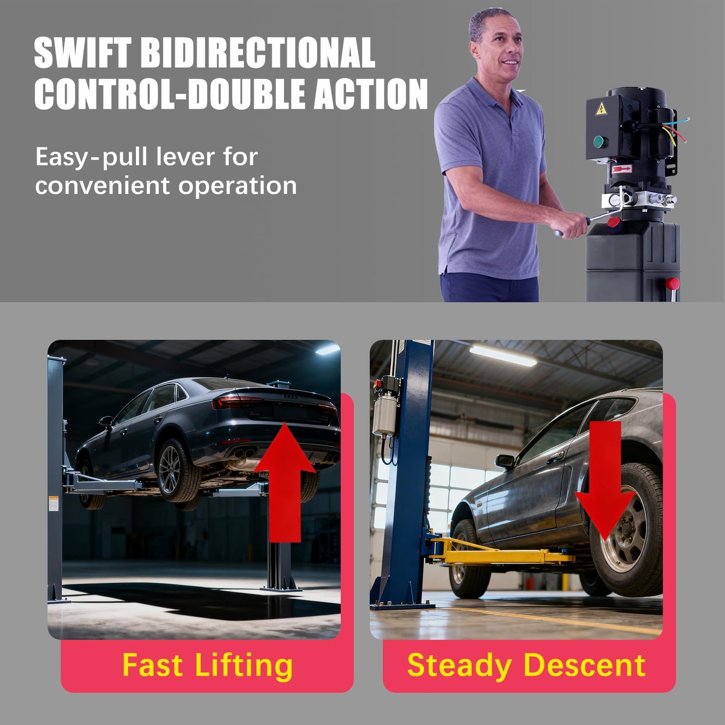 SHORELEV 220V 60Hz Hydraulic Power Unit, Hydraulic Motor, Dump Trailer Pump14L Plastic Reservoir, Manual Button Control, for Auto Lifts, Vehicle Repair, Garage Equipment, and Industrial Applications