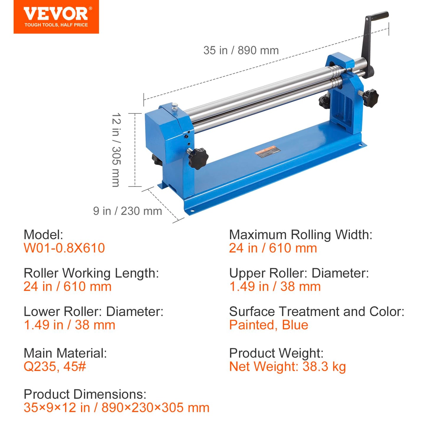 VEVOR Slip Roll Machine, 24-Inch Forming Width, 16 Gauge Capacity, Sheet Metal Slip Roller with 2 Detachable Rollers, Bending Round Machine, for Aluminum Alloy Sheet Low Carbon Steel Copper Sheet